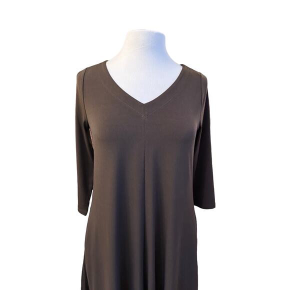 Chico’s Chocolate Brown Stretch Knit Midi Dress V-Neck 3/4 Sleeve Travel Women’s - Picture 10 of 12